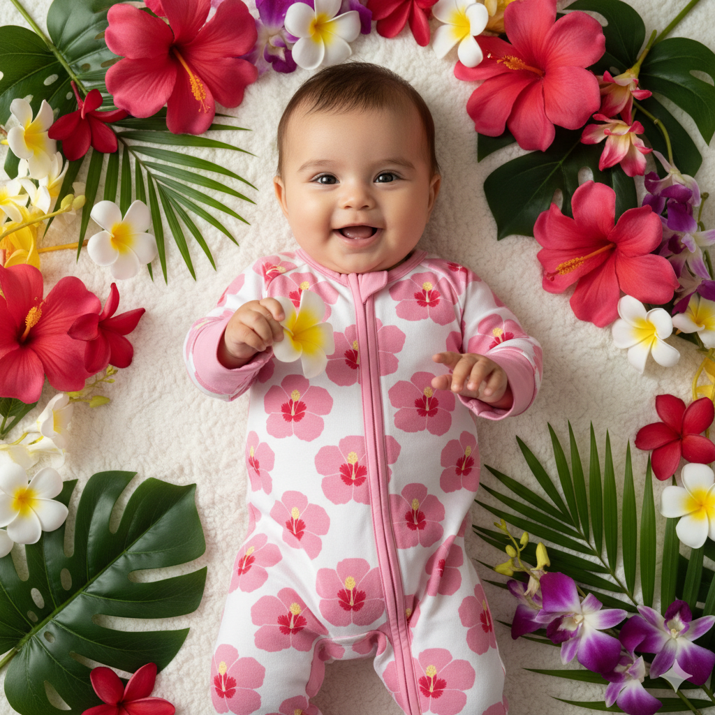 Baby in a floral onesie surrounded by tropical flowers and leaves