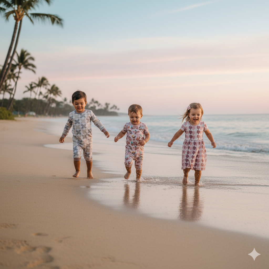 Three children in matching outfits walking on a beach at sunset.