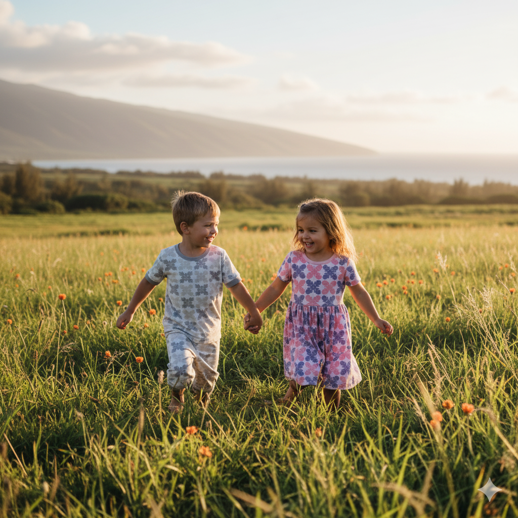 Two children holding hands in a grassy field with mountains in the background